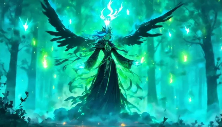 A powerful teal-haired sorceress casting evil glowing spells in a mystic forest.[(best quality,4k,8k,highres,masterpiece:1.2),ultra-detailed,(realistic,photorealistic,photo-realistic:1.37),magical,mysterious,enchanted,mystic:1.15](sorceress,mage,witch,conj...