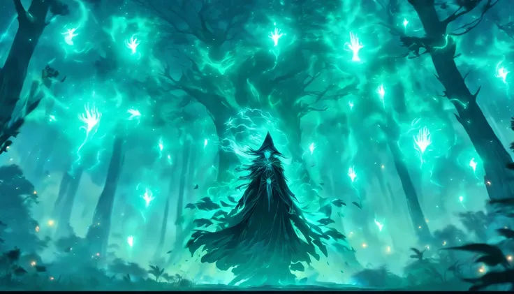 A powerful teal-haired sorceress casting evil glowing spells in a mystic forest.[(best quality,4k,8k,highres,masterpiece:1.2),ultra-detailed,(realistic,photorealistic,photo-realistic:1.37),magical,mysterious,enchanted,mystic:1.15](sorceress,mage,witch,conj...