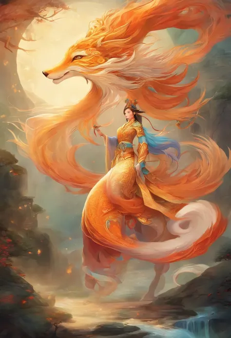 mythological creatures，（（The nine-tailed fox in Chinese mythology）），Traditional Chinese elements，（（Ancient murals）），Illustrative myths，Fuyao Legend，Dappled light，Hazy haze，mystical aura，tmasterpiece，k hd，Rich in color，Detailed details，Seven colors