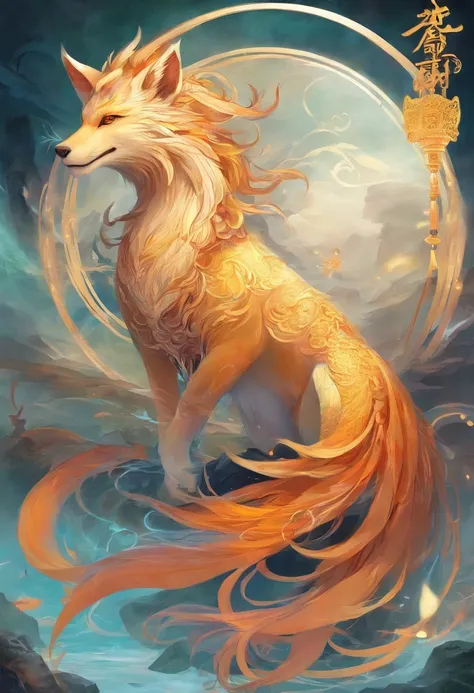 mythological creatures，（（The nine-tailed fox in Chinese mythology）），Traditional Chinese elements，（（Ancient murals）），Illustrative myths，Fuyao Legend，Dappled light，Hazy haze，mystical aura，tmasterpiece，k hd，Rich in color，Detailed details，Seven colors