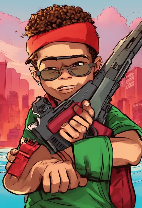 GTA style, illustration, a boy , 8 yeras old, com uma roupa vermelha em uma favela, segurando um rifle, (rosto e corpo extremamente detalhados), cores vibrantes, (retrato), tom de cor vermelha, dramatic lighting, (melhor qualidade, ultra-detalhado, Altas),...