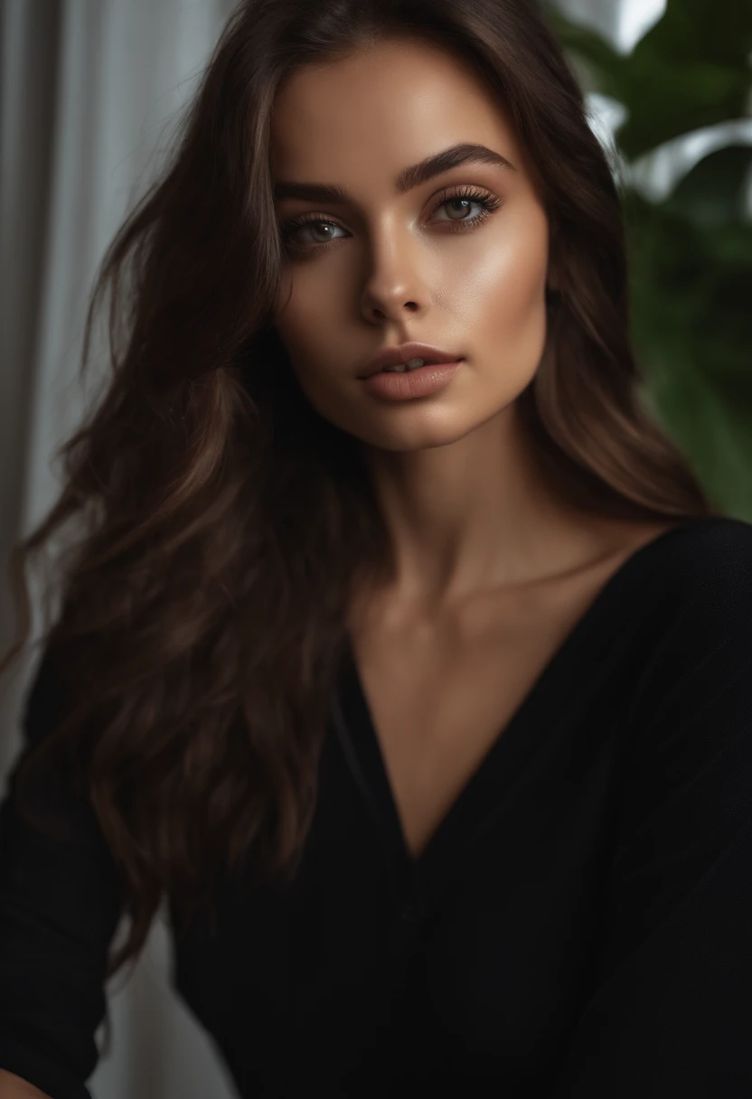 arafed woman with black clothes, sexy girl with brown eyes, portrait sophie mudd, brown hair and large eyes, selfie of a young woman, bedroom eyes, violet myers, without makeup, natural makeup, looking directly at the camera, face with artgram, subtle make...