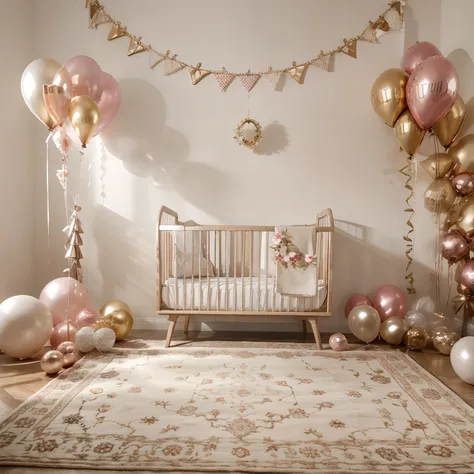 (best quality, highres, 4k),baby shower,garland,balloons,plain,soft colors,natural lighting with a nice rug and soft lighting the garland must be blank no words