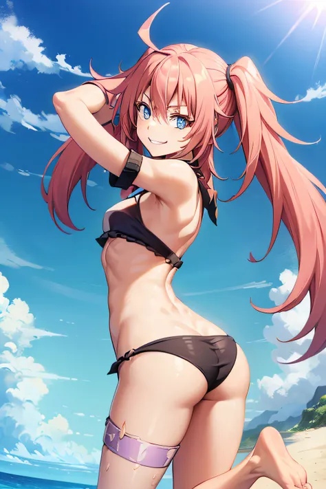 ((female)), (long, very messy hair), (happy smile), fangs, ((ripped abdomen)), toned arms and legs, medium breasts, excessive sweating, (summer beach scene), looking back showing her ass, ((blue eyes)), barefoot