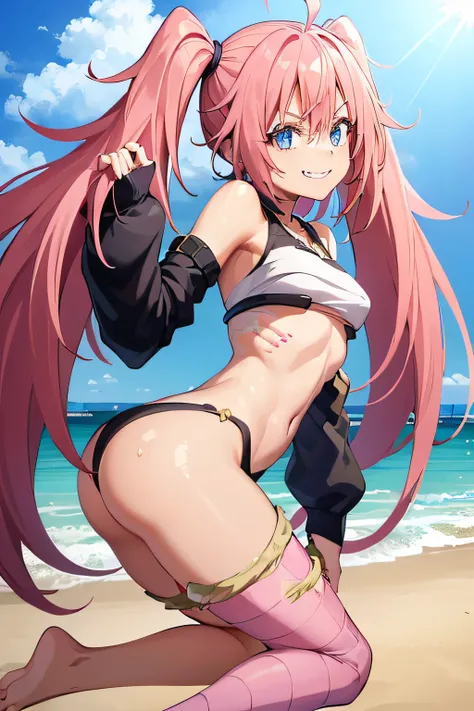 ((female)), (long, very messy hair), (happy smile), fangs, ((ripped abdomen)), toned arms and legs, medium breasts, excessive sweating, (summer beach scene), looking back showing her ass, ((blue eyes)), barefoot