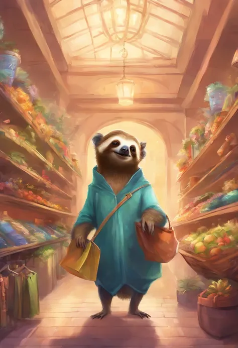 Create a comical mall scene with sloths dressed in human clothing, moving incredibly slowly while shopping for clothes and snacks