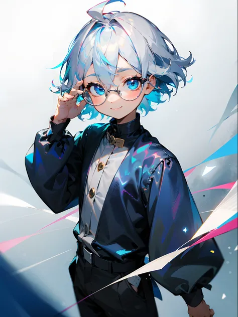 (Male child, eye glasses,blue eyess，A smile, silber hair)，独奏、Iridescent background、Leader Model Pose