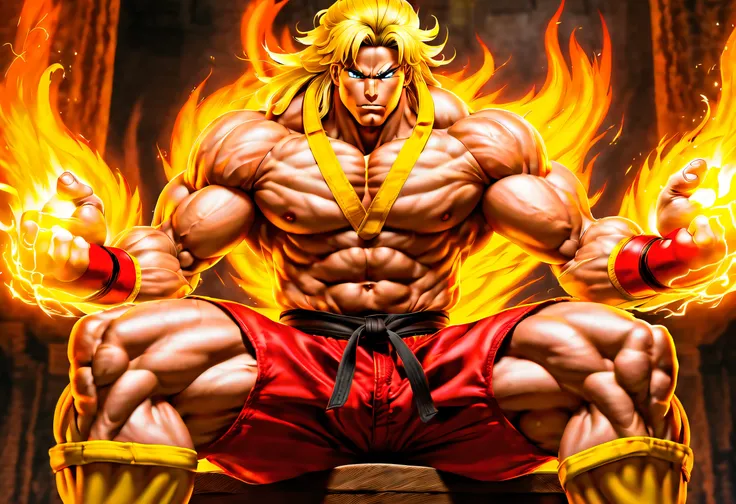 masterpiece,best quality,highres,Ken from street figher, bara, kick into fire ,naked,sitting ,erected big vein, fire aura around hands ,full of masculinity,manly,mature,handsome,huge,muscular,strong,in crimson boxers, street fighter, ken with long yellow h...