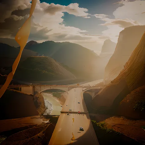 imagine uma pessoa atravessando uma ponte sobre um rio num final de tarde em uma imagem ultra realista