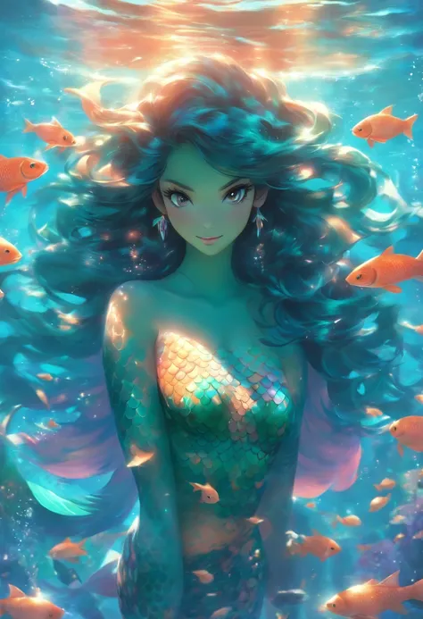 (((Ninkasi) best quality, ultra-high resolution, 4K detailed CG, masterpiece,mermaid goddess,long hair,black hair, jug goddess,aesthetics,sumeria, ((fish tail)), beautiful image, centered on the screen,