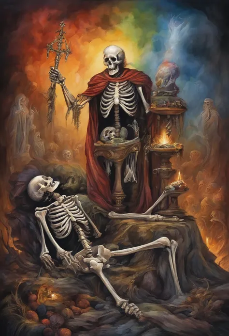 Skeleton King and Lucifer talk in a pile of corpses, fantasia, Complicado, elegante, altamente detalhado, Centrado, simetria, Pintura, Complicado, voluminetric lighting, Beautiful, Uma obra-prima de cores ricas e profundas, foco nítido, ultra-detalhada, no...