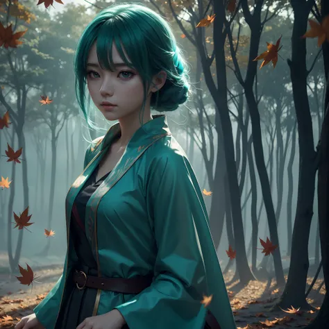 (High Detail:1.2)Anime Girl,(Cinematic Lighting,Delicate Colors),(Falling Leaves:1.2), Calm Lighting, Wind, Fog. Turquoise, delta shades. discord banner