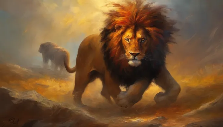 Unique image Samson strong body,cabelos grandes,Fighting with a lion,Epic lightning fight in the background, luta em 4k pintura 4k hd,