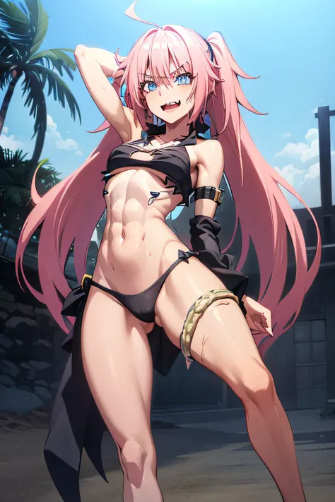 ((female)), (long and very messy hair), fangs, ((ripped abdomen)), toned arms and legs, medium breasts, excessive sweating, (on the beach), ((blue eyes)), barefoot, (( very sexy)), perfect face, short black bikini, standing