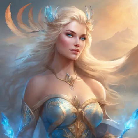 Nordic warrior Goddess, blonde hair, fierce blue eyes, showing her nude body