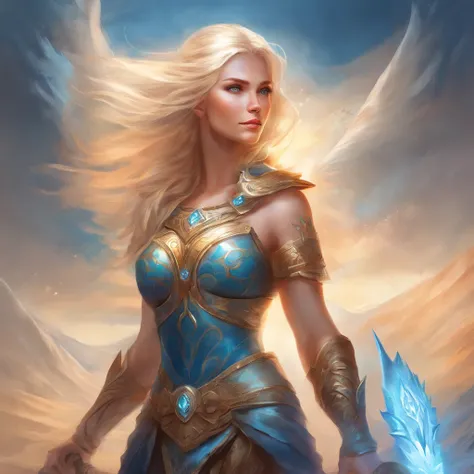 Nordic warrior Goddess, blonde hair, fierce blue eyes, showing her nude body