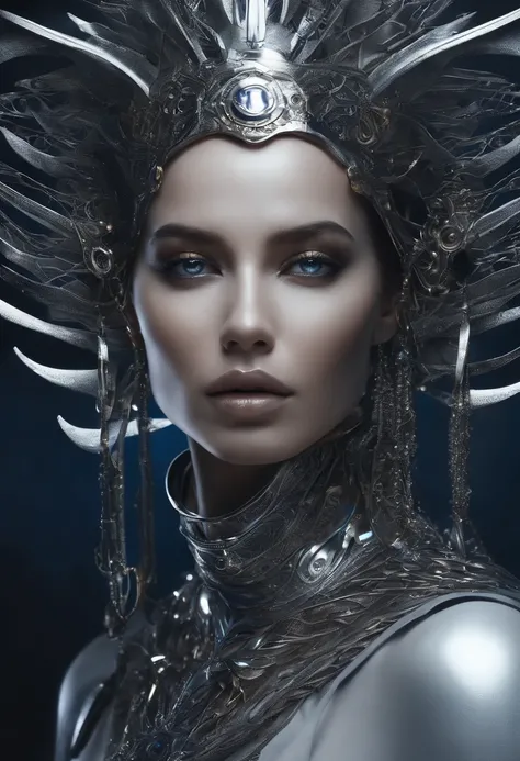 Futuristic image illustration of a woman with metal adorning and protecting her face, intrincadamente esculpido y delicado, ethereal, White dark and indigo clear, primer plano del perfil de la cara