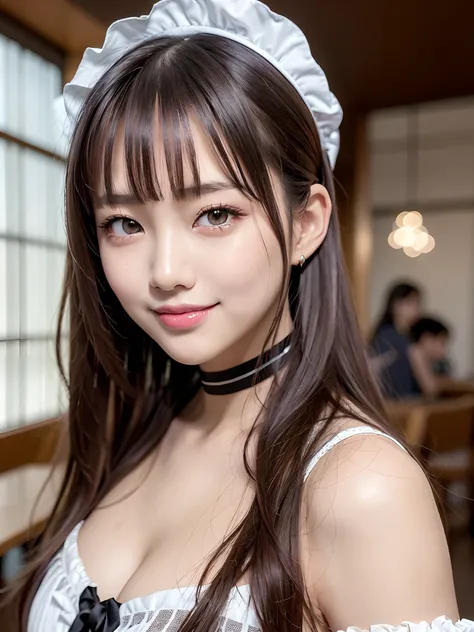 masterpiece, 1 girl per 1 photo, upper body shot, directly front view, a Japanese young pretty woman, wearing a short sleeve satin silky black cute maid costume in the cafe with a big smile, wearing a white frilled headband, a white frilled apron, a black ...