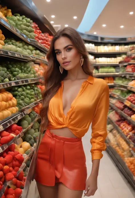 Beautiful sexy influencer woman with the face of a little girl, 21 years old, beautiful, slim and sensual body, with marked nipples in her blouse. in a shopping center