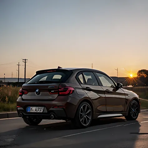 A bmw 130i parked at an angle in gravel with a sunset behind it