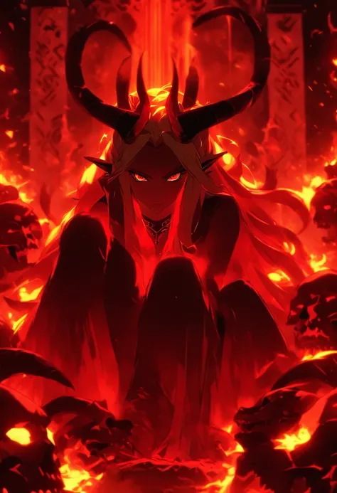 (((Ereshkigal))) best quality, ultra-high resolution, 4K detailed CG, masterpiece, goddess Sumeria, goat horns, skulls, sitting on stone, aesthetic, Sumerian, ((goddess of the underworld)), beautiful image, centered on the screen,