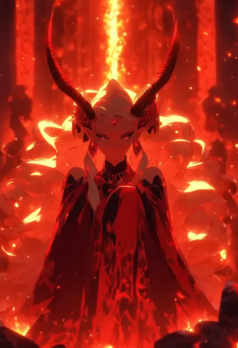 (((Ereshkigal))) best quality, ultra-high resolution, 4K detailed CG, masterpiece, goddess Sumeria, goat horns, skulls, sitting on stone, aesthetic, Sumerian, ((wings)), beautiful image, centered on the screen,