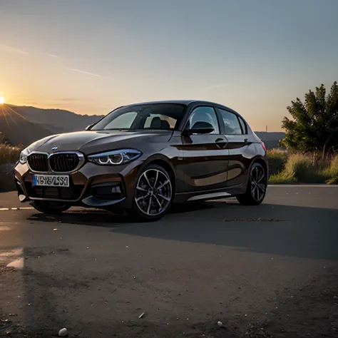 A bmw 130i parked at an angle in gravel with a sunset behind it