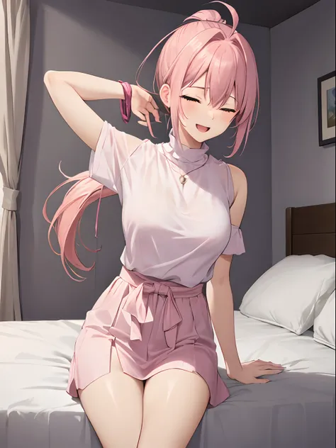 masterpiece:1.2, best quality, ((ultra detailed)), high resolution, 2d, anime style , photo, photography, detailed background, ((pink hair,medium hair,low ponytail,medium breasts))

BREAK
solo,(droopy eyes:1.3),fourty years old, (sexy woman, tall face, tal...