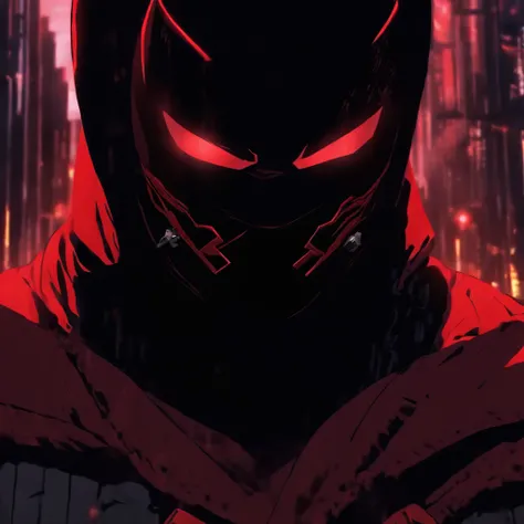 Daredevil as a hooded advanced teenager dressed red with red mask and red eyes and very small horns in live action and hooded as an anime ninja version