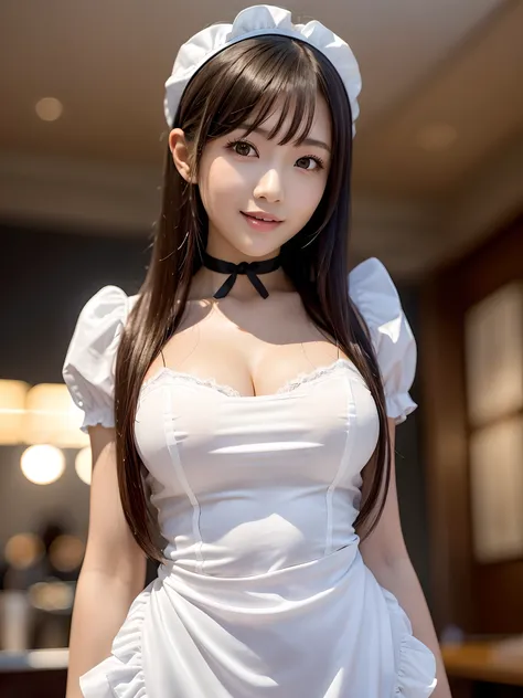 masterpiece, 1 girl per 1 photo, upper body shot, directly front view, a Japanese young pretty woman, wearing a short sleeve satin silky black cute maid costume in the cafe with a big smile, wearing a white frilled headband, a white frilled apron, a black ...