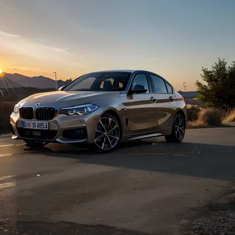 View of a white BMW car parked on a road with a sunset in the background, shot at golden hour, Minimaliste moderne F 2 0, Moderne Minimaliste F 2 0 Propre, Taken at the golden hour, Low-quality image, In the Golden Hour, BMW, Shot on Sony A 7 III, Golden h...