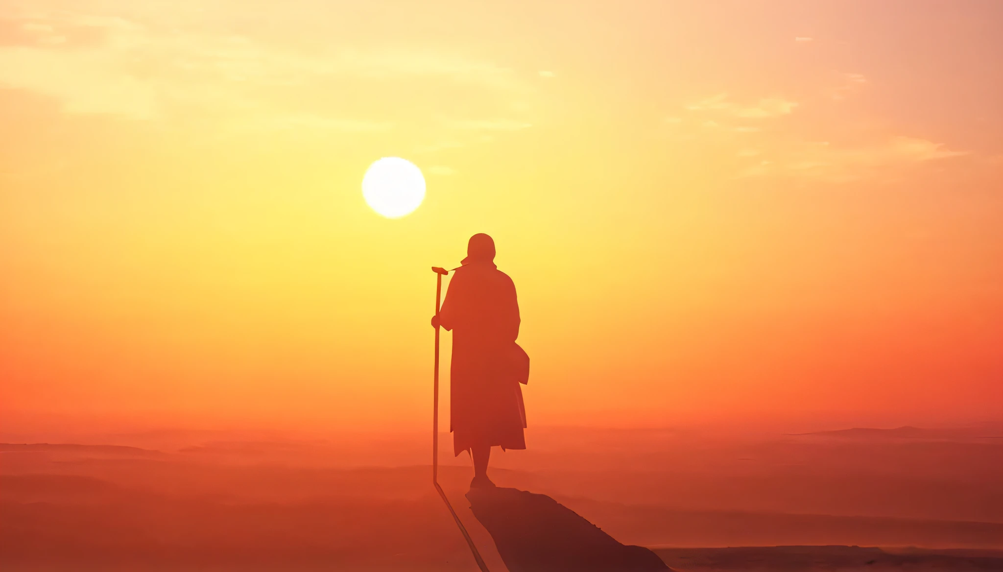 Arafed man with a staff standing on a hill at sunset, Rezando ao Sol, holy man looking down at the ground, ancient japanese monk, Monge budista, monge, Imagem absolutamente excepcional, imagem de corpo inteiro de um monge masculino, Looking at a sunset, mo...