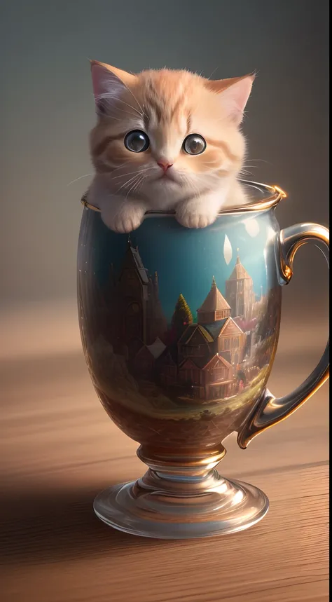 (Best quality,4K,8K,A high resolution,Masterpiece:1.2),Ultra-detailed,(Realistic,Photorealistic,photo-realistic:1.37),Escultura:1.37,Northern,south,Multiverse,Diverse landscape,Natural beauty,Ceramic craftsmanship,Glass surface,Cute teacup kitten,Flickerin...