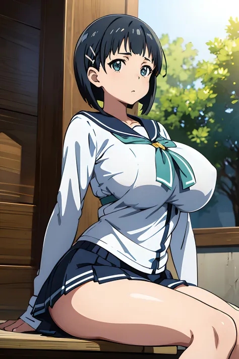 huge tits, naoha kirigaya(sword art online), 1girl, bob hair, hairclip, ​masterpiece、top-quality、sailor uniform、huge tit、a sexy、...