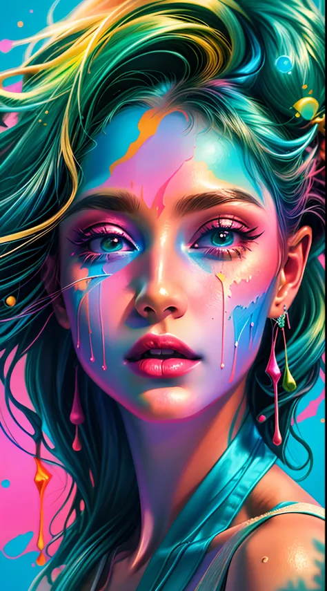 uma mulher com maquiagem colorida e arte de maquiagem, cores vibrantes hiper realismo, Pintura digital vibrante, cores realistas vibrantes, Bela arte UHD 4K, arte colorida, Arte Digital 4K Realista, Arte Digital 4K Realista, pintura digital colorida, gotej...