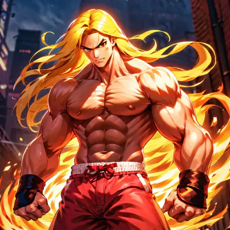 Create high contrast between light and shadow to make Kens features stand out prominently, emphasizing his chiseled jawline and strong, expressive eyes., masterpiece,best quality,highres,Ken from street figher, bara, kick into fire ,kicking pose ,erected b...