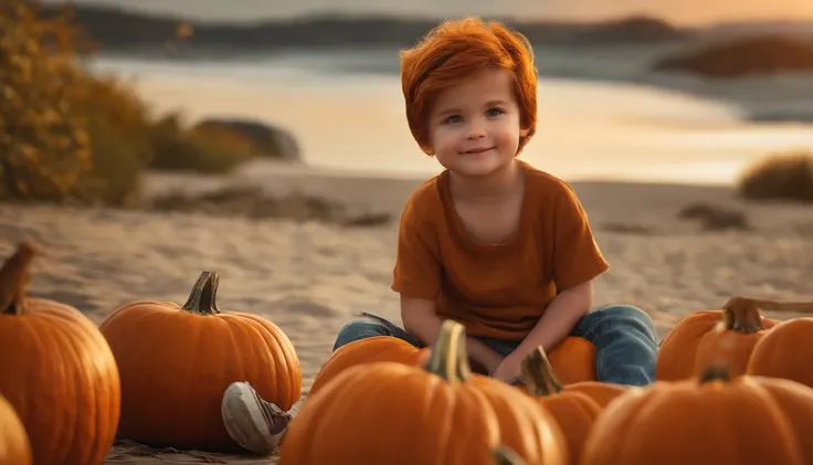 Pumpkin-headed boy, adorable, ropa casual, cabello marron liso, con dos calabazas a su lado en el suelo,  Pescador