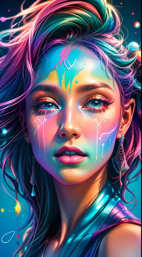 uma mulher com maquiagem colorida e arte de maquiagem, cores vibrantes hiper realismo, Pintura digital vibrante, cores realistas vibrantes, Bela arte UHD 4K, arte colorida, Arte digital 4K realista, Arte digital 4K realista, pintura digital colorida, gotej...