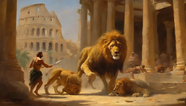 Samson fighting a lion in the colosseum