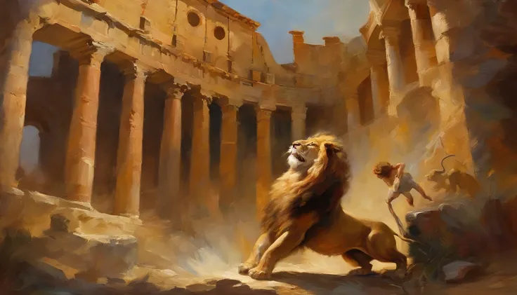 Samson fighting a lion in the colosseum