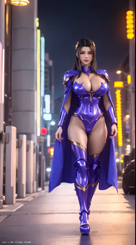 1GIRL, SOLO, (ssmile, makeup, beautifull eyes, red libs, gold ornament hair), (HUGE FAKE BOOBS:1.3), (GUARD ARM), (black, purple, blue, FUTURISTIC MECHA ARMOR SUIT, ROYAL CAPE, CLEAVAGE, SKINTIGHT YOGA PANTS, HIGH HEELS:1.3), (NSFW MUSCULAR BODY, SEXY LONG...