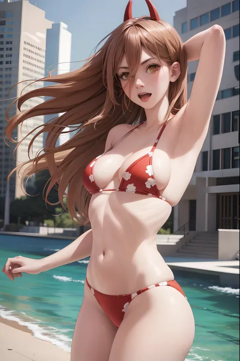 1 Mujer, Pelo rojo, ojos rojos, Cabello largo, manos detalladas, chica hermosa, cuernos rojos, bikini rojo, sexy ,cosplay de Poder , casplay de diablo, tetas grandes, hermosa, tetas muy grandes, manos muy detalladas, Estilo realista de anime 3D , Cuerpo pe...