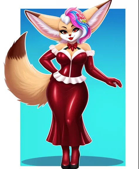 Miss Sweet the female fennec supervillain, cake themed costume, sprinkles, cake icing hair, red lipstick, full body view