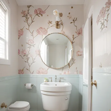 toilet room　Pearl Light　floral wallpaper　The moon seen from the window　Round mirror