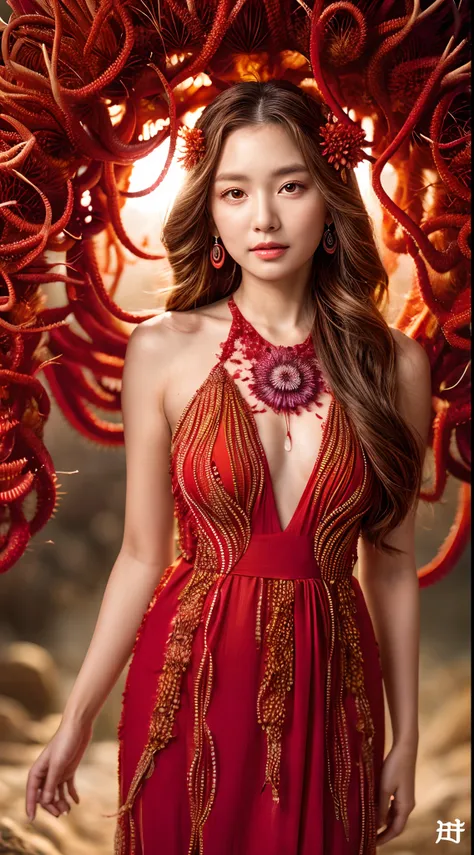 A model, hyper realistic faces, goddess, she is wearing a beautiful long flowing vivid red dress made entirely of red sea urchins and anenome tentacles, highly detailed portrait photography with depth of field, full body --v 4 --ar 9:16 --q 2, midshot, bro...