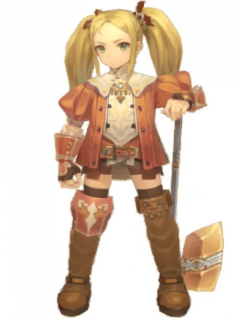 um close up de uma pessoa em um traje com uma espada, Ragnarok Online, art style of rune factory 5, Personagem JRPG, em armadura monster hunter, armadura marrom, Personagem de RPG, jrpg moda, style of maple story, maple story gun girl, Imagem do jogo, esti...