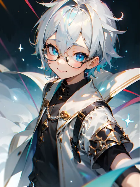 (Male child, eye glasses,blue eyess，A smile, silber hair)，独奏、Iridescent background、Leader Model Pose