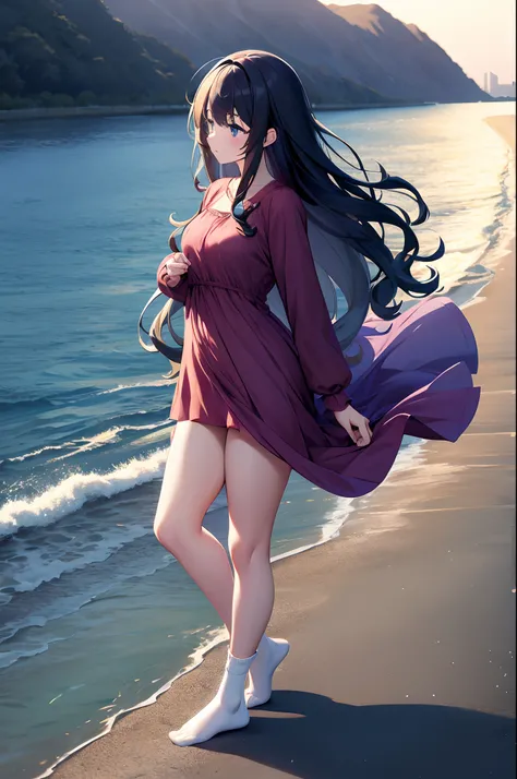 Pretty anime girl in a revealing dress without shoes but socks, feet visible. Long wavy hair blown by breeze, long sleeves. Background river