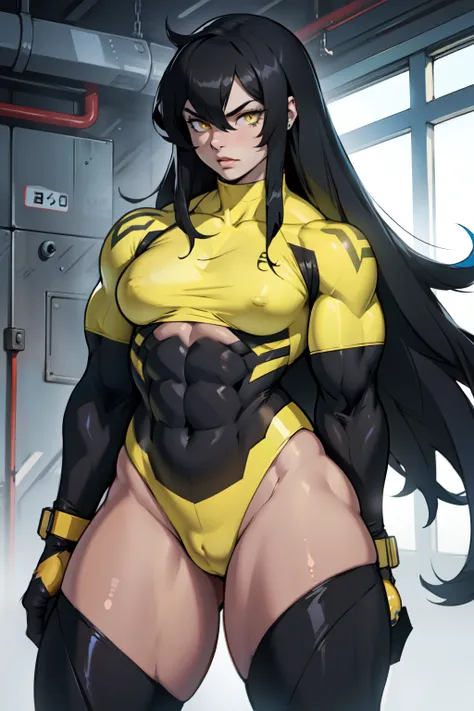 ((((1girl muscular)))) thick thighs pale skin black hair very long hair yellow eyes small breasts