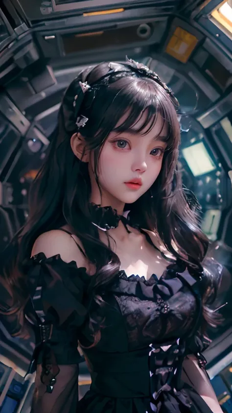 (​master piece:1.2, Best Quality), Realistic, (real picture, Intricate details, depth of fields), highly-detailed, ((Black Lolita Dress, puff sleeves)), (Neat face), (Teenage Japanese girl in a space station), (long wavy hair, Blunt bangs), Fair skin, Part...